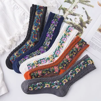 Женские носки из чистого хлопка с цветочной вышивкой, носки средней длины в стиле ретро 2023, этнический стиль, весна-лето