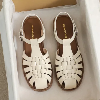 кожаные вязаные римские сандалии на плоской подошве, женские летние туфли с ремешком на щиколотке, закрывающим носок, 34-43 размера, сандалии-гладиаторы с узкой лентой большого размера