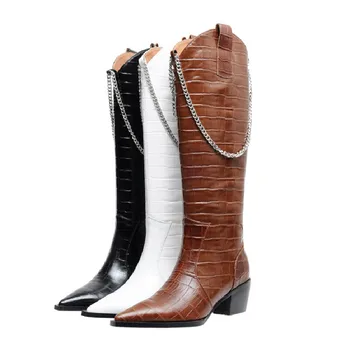 Новинка осени 2020, женские ботинки до середины икры из натуральной кожи, модные крутые ботинки в западном стиле, сапоги на молнии с металлической цепочкой, женские ботинки