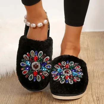 Зимняя женская обувь, домашние хлопчатобумажные тапочки, Плюшевые, украшенные стразами Хлопчатобумажные тапочки на плоской подошве, Zapatos Para Mujeres