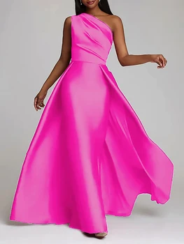 Модные Ярко-розовые вечерние платья с матовыми атласными складками на одно плечо длиной до пола/свадебные платья для выпускного вечера Бесплатная доставка