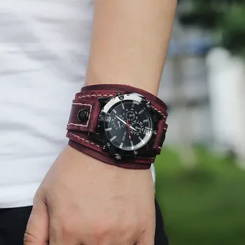 Мужские кварцевые часы, роскошные наручные часы 2023 года, ремешок из воловьей кожи, мужские часы в стиле панк, широкие браслеты из натуральной кожи