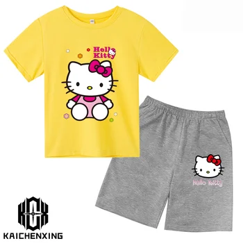 Детская футболка Hello Kitty, футболки Kuromi для девочек, Женский уличный пуловер с коротким рукавом, комплекты одежды для маленьких мальчиков, повседневные топы Sanrio