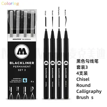 Molotow Blackliner Pen 4-Набор ручек 3 -для каллиграфии, стамеска, кисточка и круглые наконечники. Идеально подходит для создания контуров, трафаретов и точных эскизов