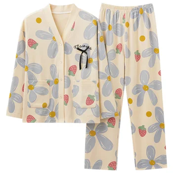 1 комплект женской пижамы, домашние костюмы, Домашняя одежда, Хлопчатобумажная пижама, Зимние брюки с отворотом с клубничным принтом, Осень