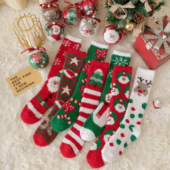 Рождественские чулки Женские Длинные коралловые Бархатные Теплые толстые носки для сна в пол, Подарочные носки в виде снежинки, Оленя, Елки, высокие носки зеленого цвета