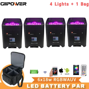 0 duty 4pcs NEW LED Par 6X18W RGBWAUV 6in1 LED Battery Power Light с сумкой Wifi APP IR Remote Control DMX512 для Дискотеки DJ