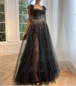 Кружевное платье-спагетти с бантиками в виде сердечка длиной до пола, с разрезом до бедра, вечерние платья, черное вечернее платье
