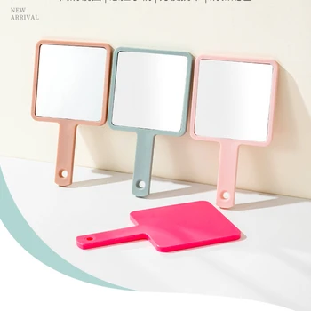 Пластиковое розовое квадратное ручное зеркало Зеркало для женской домашней красоты с твердой ручкой, портативное серебряное зеркало для туалетного столика