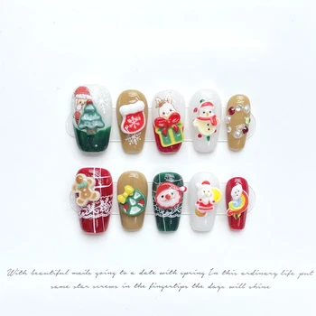 Рождественские накладные ногти ручной работы, пригодные для носки, Нажимные на ногти с украшением в виде Рождественской елки, дизайн средней длины, Многоразовые акриловые рисунки.