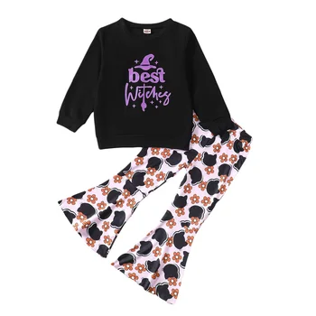 Bmnmsl Комплекты штанов для маленьких девочек на Хэллоуин из 2 предметов, черная толстовка с длинным рукавом и буквенным принтом + Комплекты расклешенных штанов с цветочным принтом кота