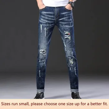 Мужские модные хлопковые джинсы Slim Fit, модный дизайн с дырочками, городской стиль, повседневные брюки кассира для маленьких ног