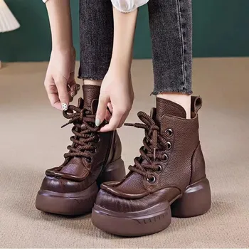 Женские короткие ботинки Shangshi из натуральной кожи, Новинка 2024 года, с круглым носком, ручной работы, в стиле ретро, Легкая женская обувь на платформе на толстой подошве