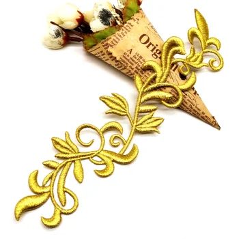 Аппликации с золотой вышивкой, железо на 3D кружевах в тяжелом стиле, нашивки для костюмов для косплея, Золотой и серебряный цветок 24 * 6 см