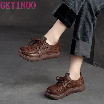 GKTINOO Hollow Shoes, Женские босоножки из натуральной кожи, Новинка 2023 года, Весна-лето, Лаконичная дышащая обувь ручной работы на шнуровке в стиле ретро