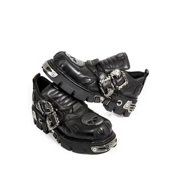 Мужская и женская обувь в винтажном рок-стиле 2023 года, Новые кожаные ботинки в стиле темно-панк в стиле ретро с металлической нишей, унисекс на одной платформе.