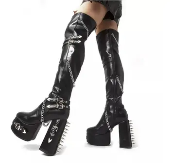 Кожаные ботильоны с круглым носком, черные сапоги до колена на платформе с шипами, женская обувь в стиле панк, крутая Металлическая обувь на массивном каблуке для девочек Большого размера