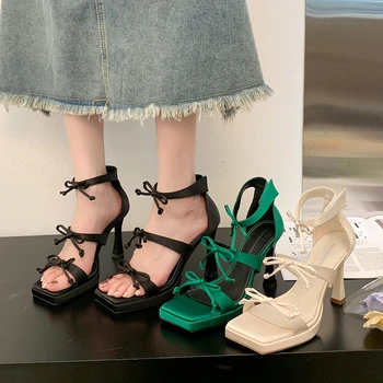 BCEBYL Весенне-летняя мода, Новые элегантные пикантные женские туфли на высоком каблуке с бантом и квадратным носком на шпильке для банкетов и вечеринок, Сандалии