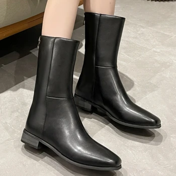 Модная женская обувь 2023 года; Осенне-зимние женские ботинки; Однотонные ботинки с квадратным носком и молнией сзади На низком каблуке; Zapatillas De Mujer