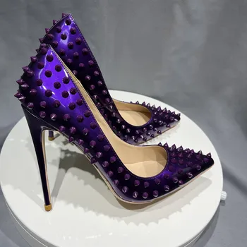 Все фиолетовые шипы, заклепки, острый носок, женские туфли-лодочки на очень высоком каблуке, модные вечерние свадебные туфли, большие размеры 42 43 44 45