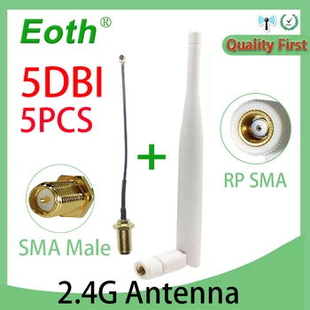 EOTH 5ШТ 2,4 ГГц 5dBi wifi антенна WiFi RP-SMA Разъем 2,4 Г белая Антенна Маршрутизатора + 21 см PCI U.FL IPX к SMA Штекерному кабелю с косичкой