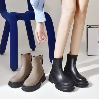 Женская обувь больших размеров 2023, Зимние женские ботинки до середины икры на молнии сзади, женские ботинки на платформе с ажурными каблуками, теплая женская обувь