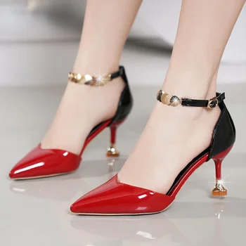 Женская мода, Милые пряжки с острым носком, ремешок, туфли на шпильке, Женские крутые Красные вечерние туфли на каблуке, Белые туфли на каблуке Zapatos De Mujer
